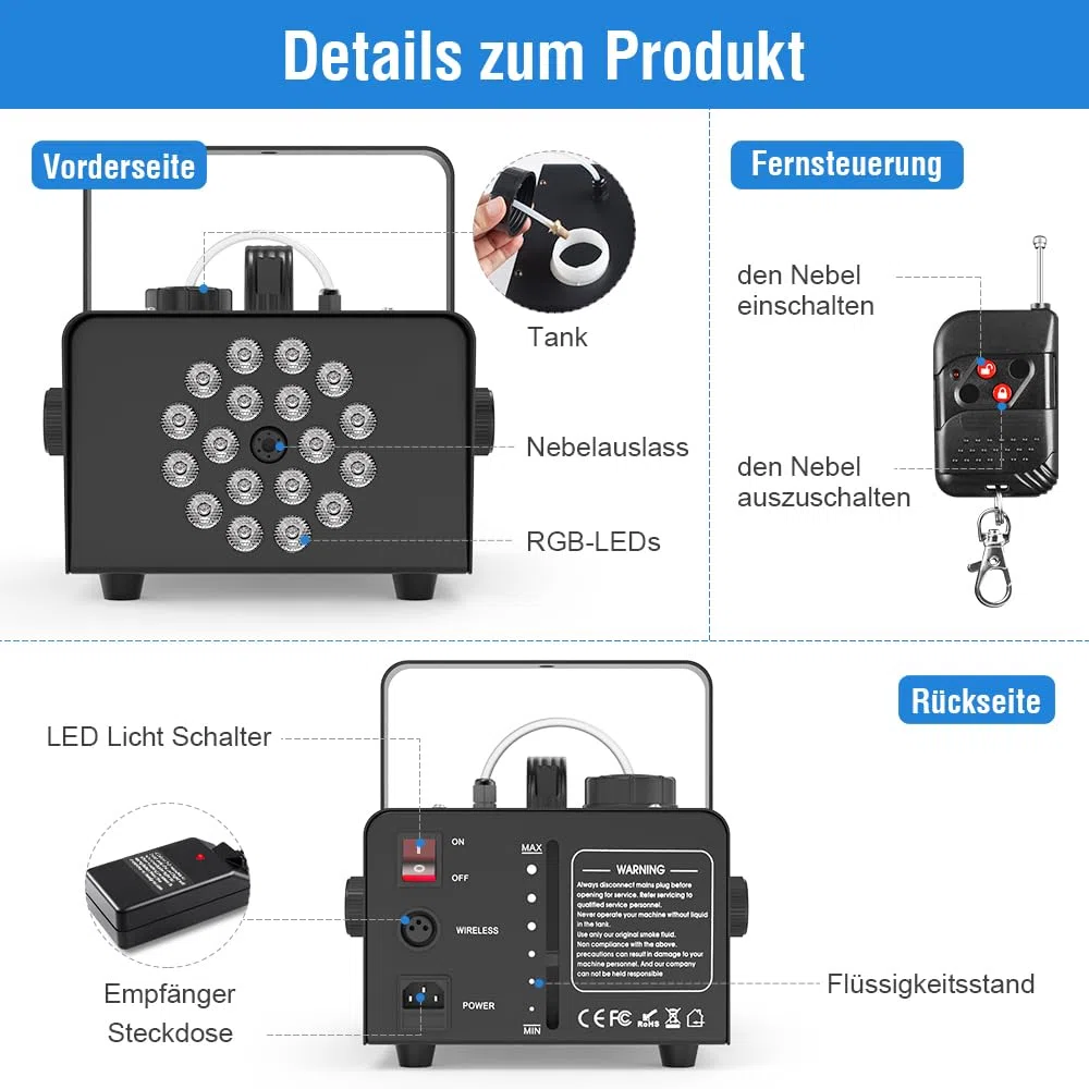 Nebelmaschine, 1200W Rauchmaschine mit 18 RGB-LEDs für Partys, Geburtstage, Halloween, Disco, DJ Bühneneffekt