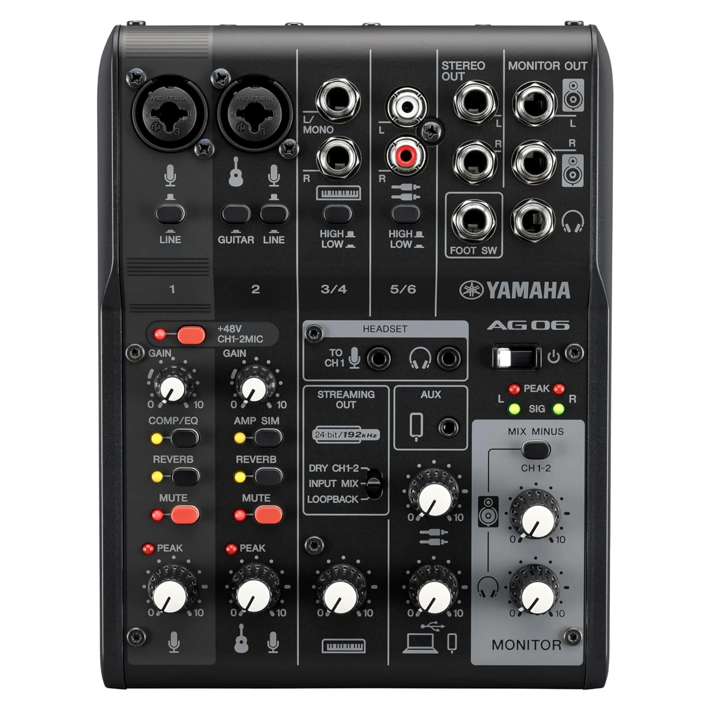 Yamaha AG06MK2 6-Kanal-Live-Streaming Mischpult mit USB-Audio-Interface – Für Windows, Mac, iOS und Android – In Schwarz