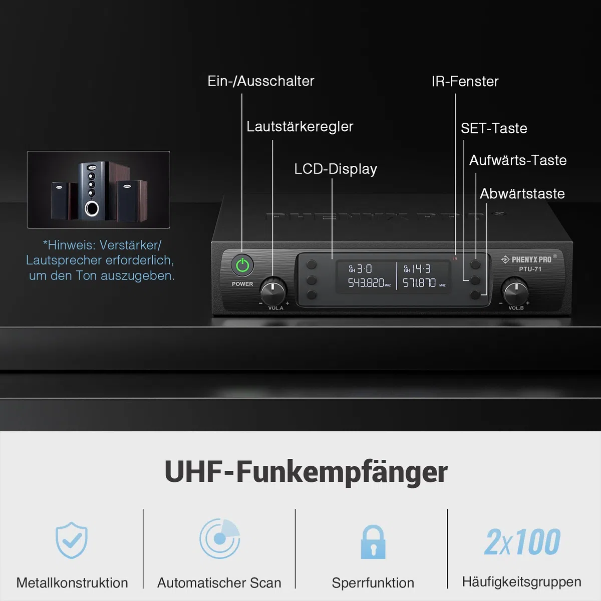Phenyx Pro Drahtloses Mikrofonsystem, Dynamisches Funkmikrofon, 2x100 Einstellbare UHF Dual, Auto Scan, 328ft Reichweite, Für Gesang, Karaoke, Kirche (PTU-71A)