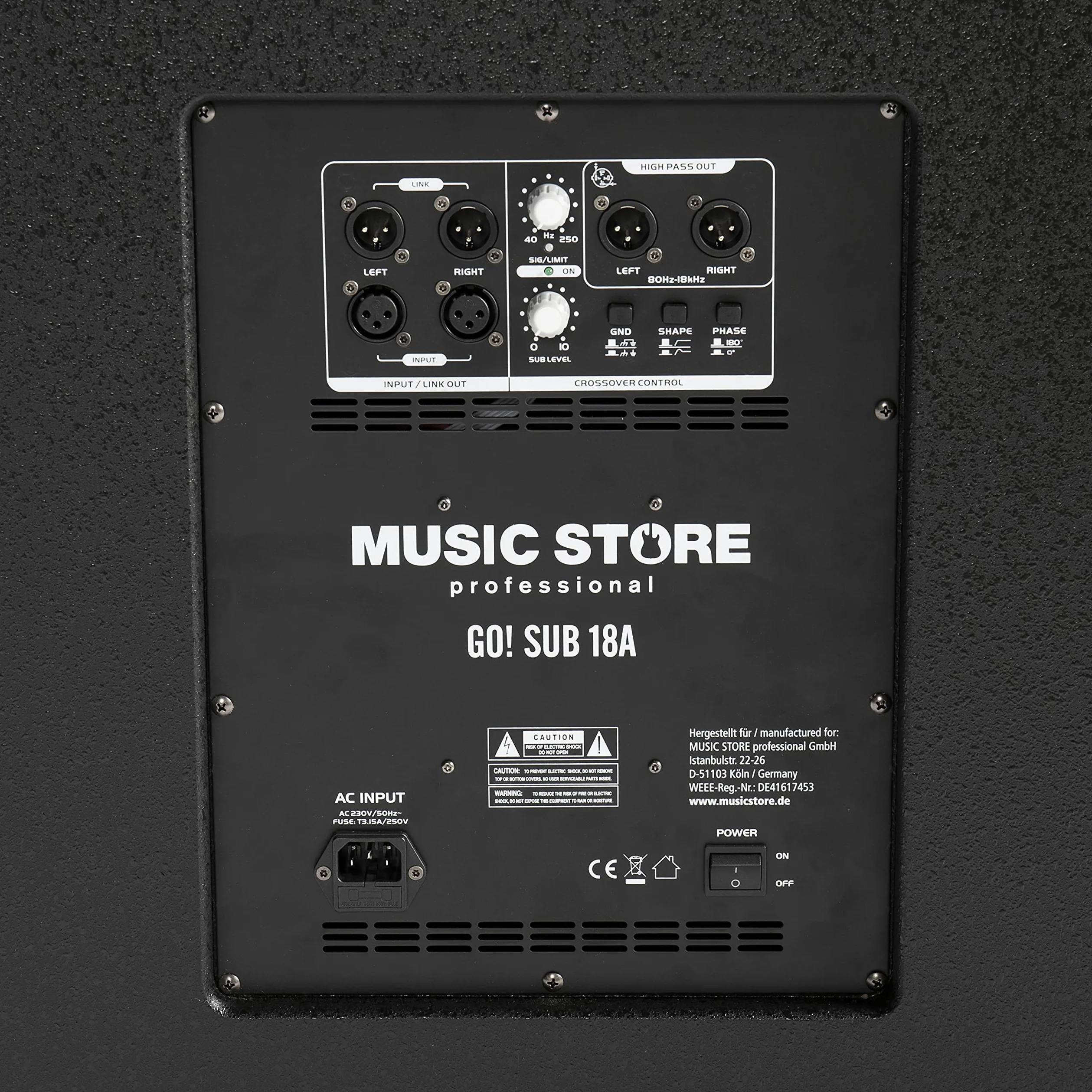 MUSIC STORE Go! Sub 18A Aktive Bassbox - 18 Zoll Tieftöner, 280W RMS, 1000W Peak Leistung, Holzgehäuse, XLR Eingang & Ausgang, Ideal für Veranstaltungen und Konzerte