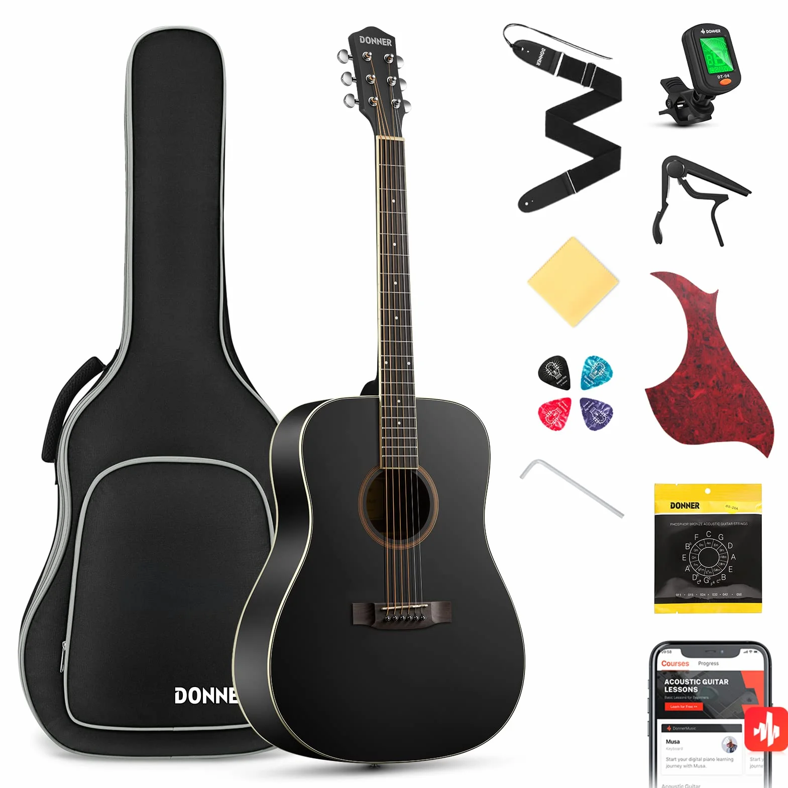 Donner Akustikgitarre Set in voller Größe Akustik Gitarre 4/4 Dreadnought Anfänger Erwachsene 41 Zoll mit Gigbag Capo Plektren Gurt Saiten (Schwarz)