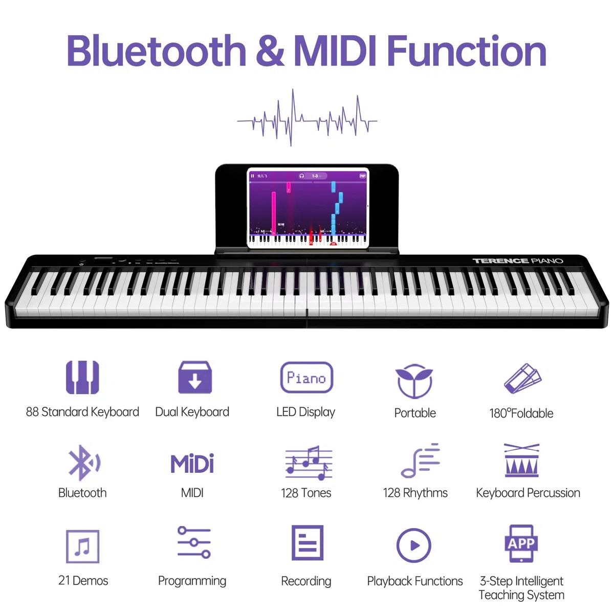TERENCE Piano mit 88 Tasten Faltbares Klaviertastatur mit 1800mAh Batterie unterstützung MIDI USB-Schnittstelle Piano-Anwendung mit Bluetooth Notenständer Aufkleber Audiokabel Kopfhörer Sustain Pedal