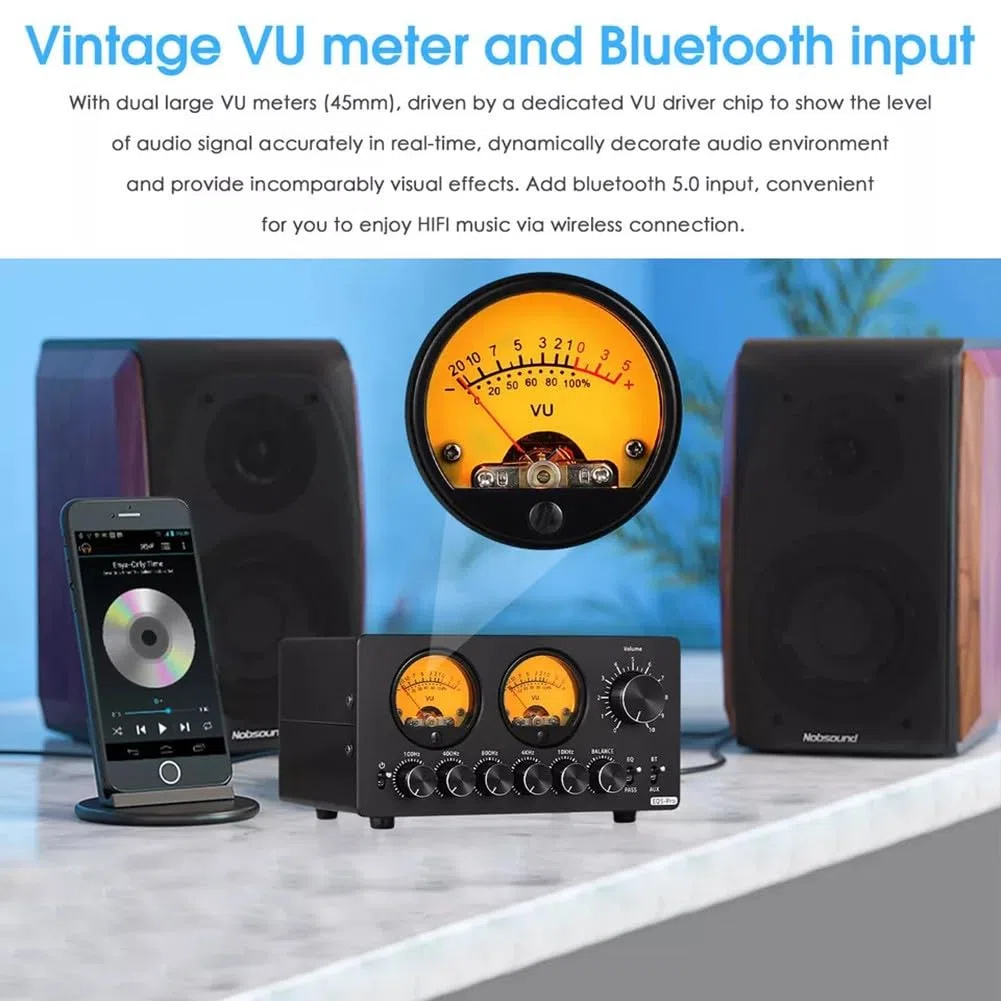EQ5-PRO 5-Band EQ Equalizer mit BT-Empfänger, Stereo-Audio-Vorverstärker und VU-Meter, Metallgehäuse, Bluetooth 5.0, 100 Hz/400 Hz/800 Hz/4 kHz/10 kHz, Bypass-Modus, Balance-Regelu