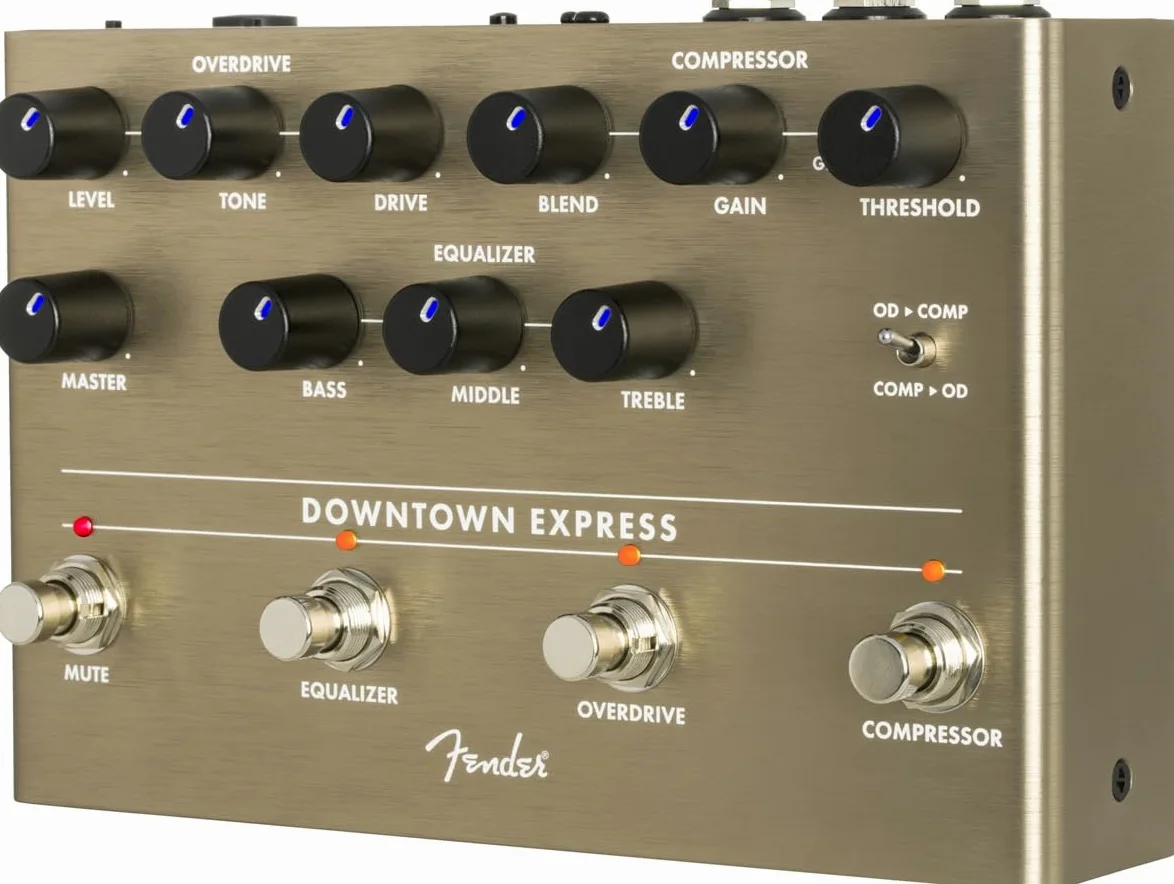 Fender Downtown Express Bass Multi-Effektpedal, Kompressor, Overdrive, 3-Band EQ, Direktausgang, LED-beleuchtete Regler, Effektreihenfolge-Umschalter