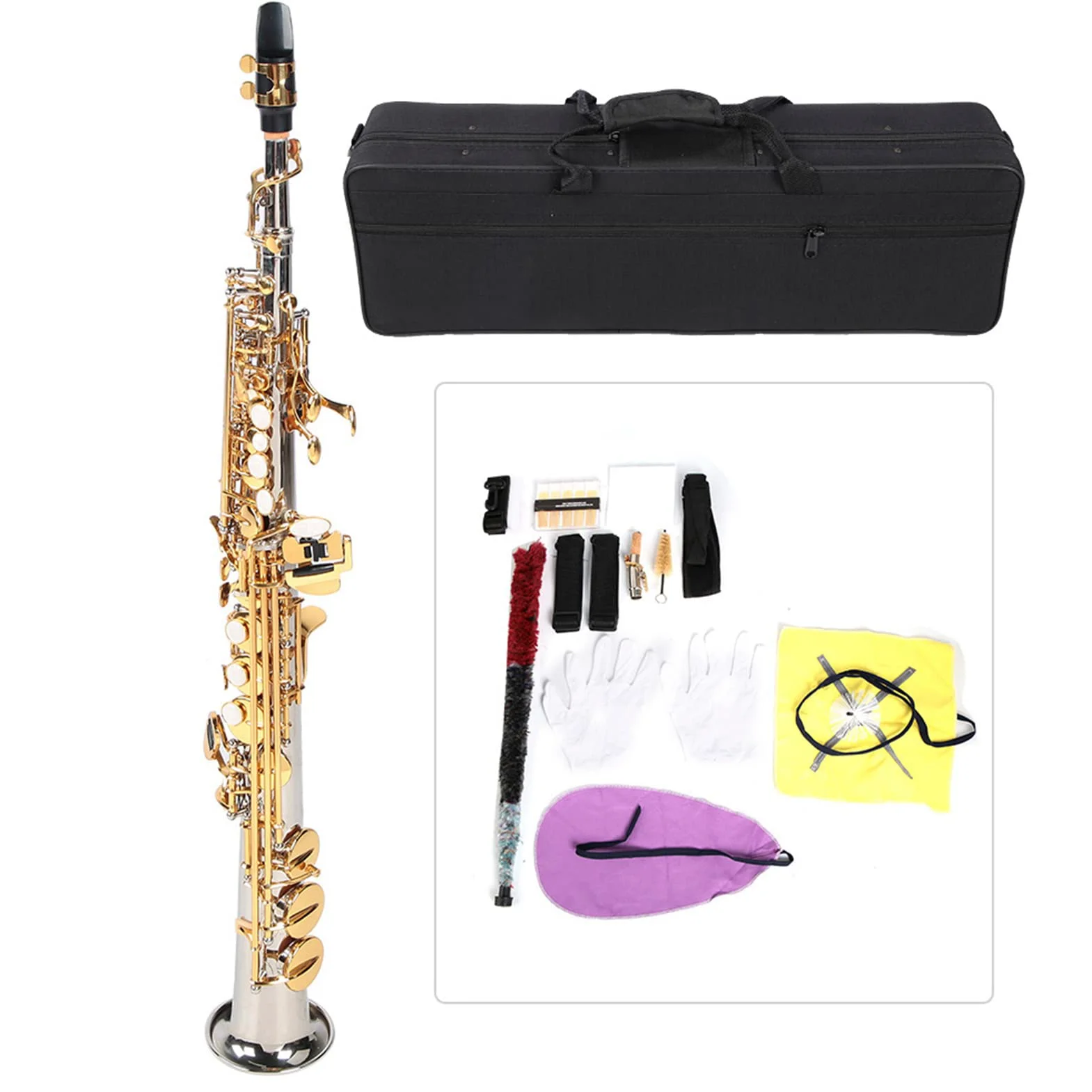 Oumefar-Saxophon aus Messing, 64 X 24 X 16, Professionelles Sopran-Saxophon aus Messing, Gerades Saxophon mit Versilbertem Rohr und Goldenen Tasten, mit Tragetasche