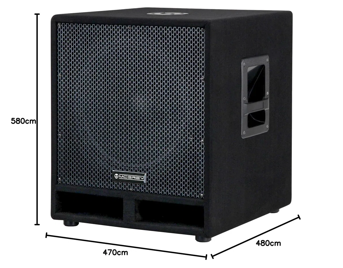 McGrey PAS-115 Passiv-Subwoofer - 15" Woofer - Belastbarkeit: 300 Watt (RMS) - Impedanz: 4 Ohm - Frequenzgang: 45 Hz - 1,5 kHz - Anschlüsse im Klinken- und SPK-Format - Robustes Holzgehäuse