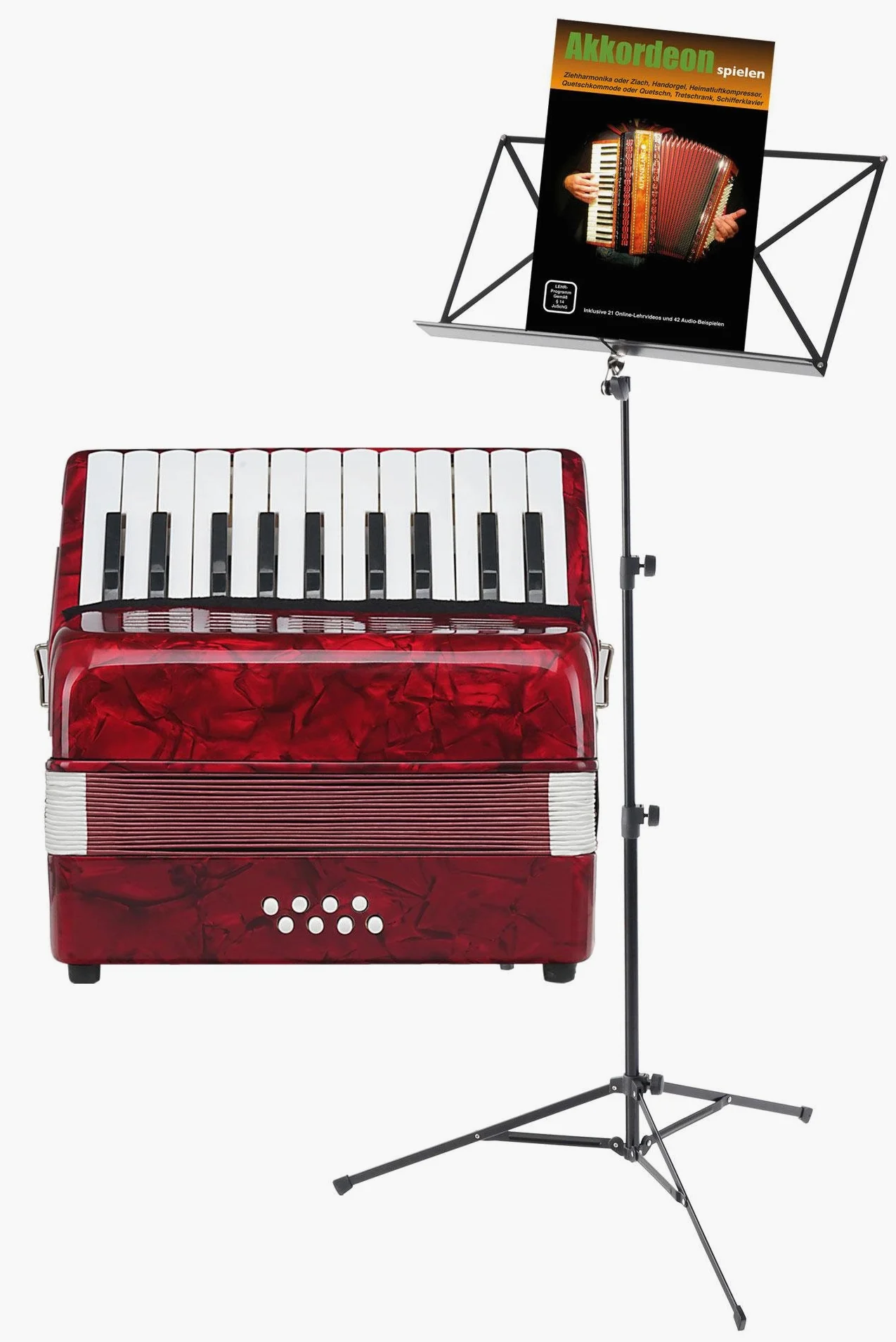 Classic Cantabile Secondo Kinder Akkordeon 8 Bass Set (Kinder-Akkordeon mit 8 Bässen, inkl. Gurt, Tasche, Notenständer & Schule) Rot