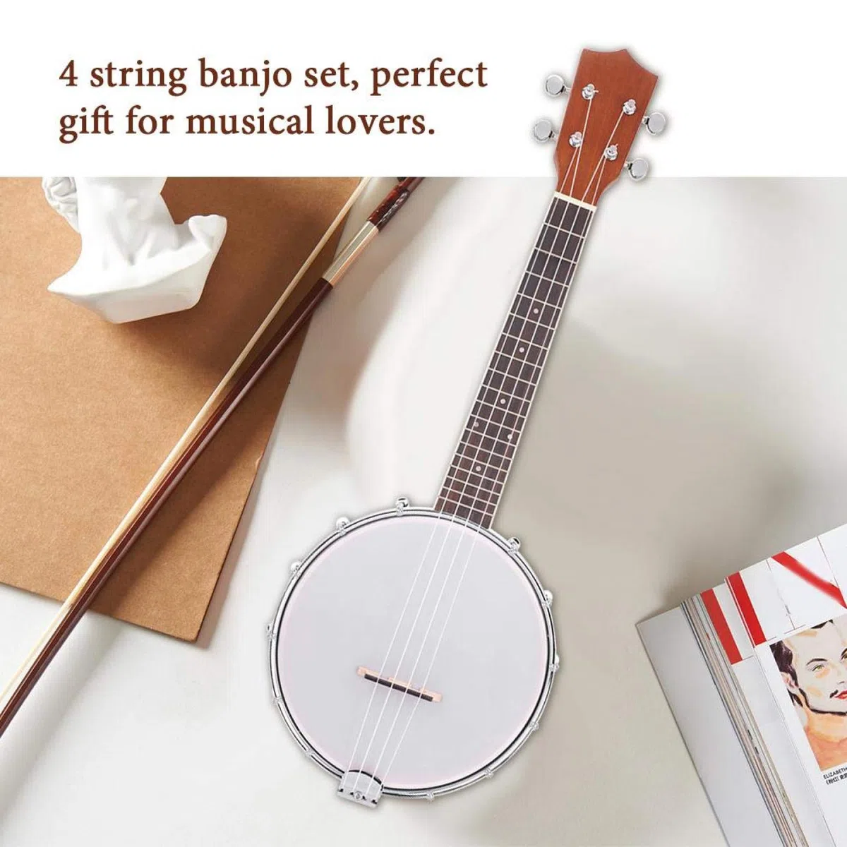 Musikinstrument-Banjo, 4-saitiges Banjo-Set mit BJ10-Saiten-Capo-Reinigungspolitur, Saiten-Banjo-Set
