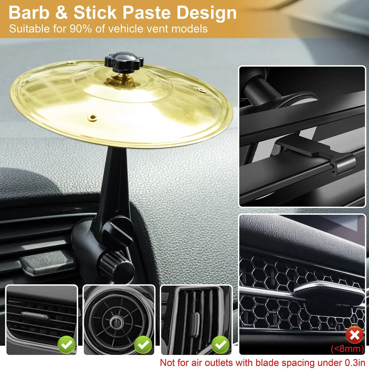 Mini-Auto-Trommel-Becken für Auto-Lüftungsschlitz (Gold) – Crash-Becken Armaturenbrett Ornament Zubehör für Musiker, Schlagzeuger, Musikliebhaber – lustiges Auto-Innen-Geschenk für Männer, Frauen