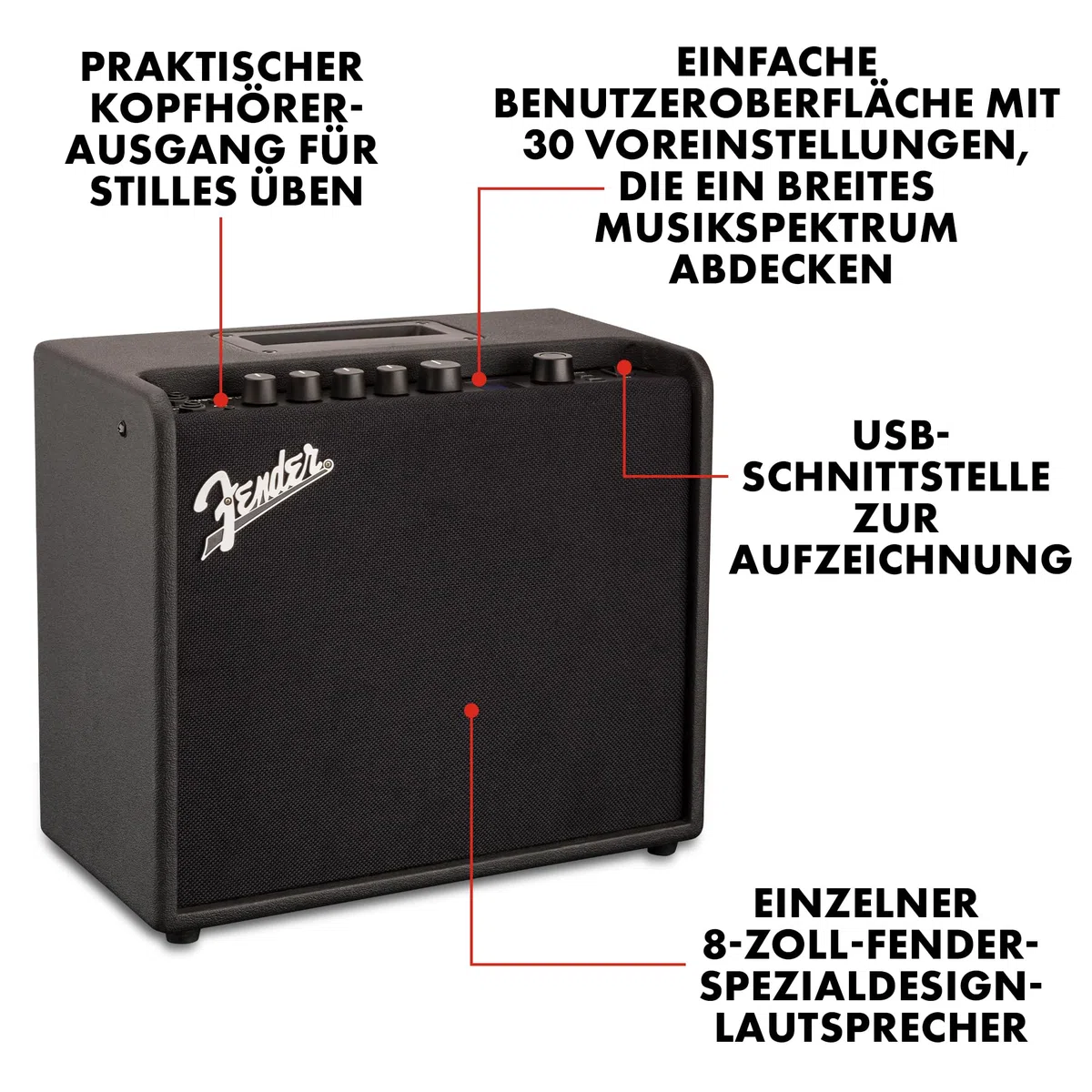 Fender Mustang LT25 Gitarren-Combo-Verstärker, Schwarz | 25W mit 8" Lautsprecher, 30 Presets, FX und USB-Konnektivität