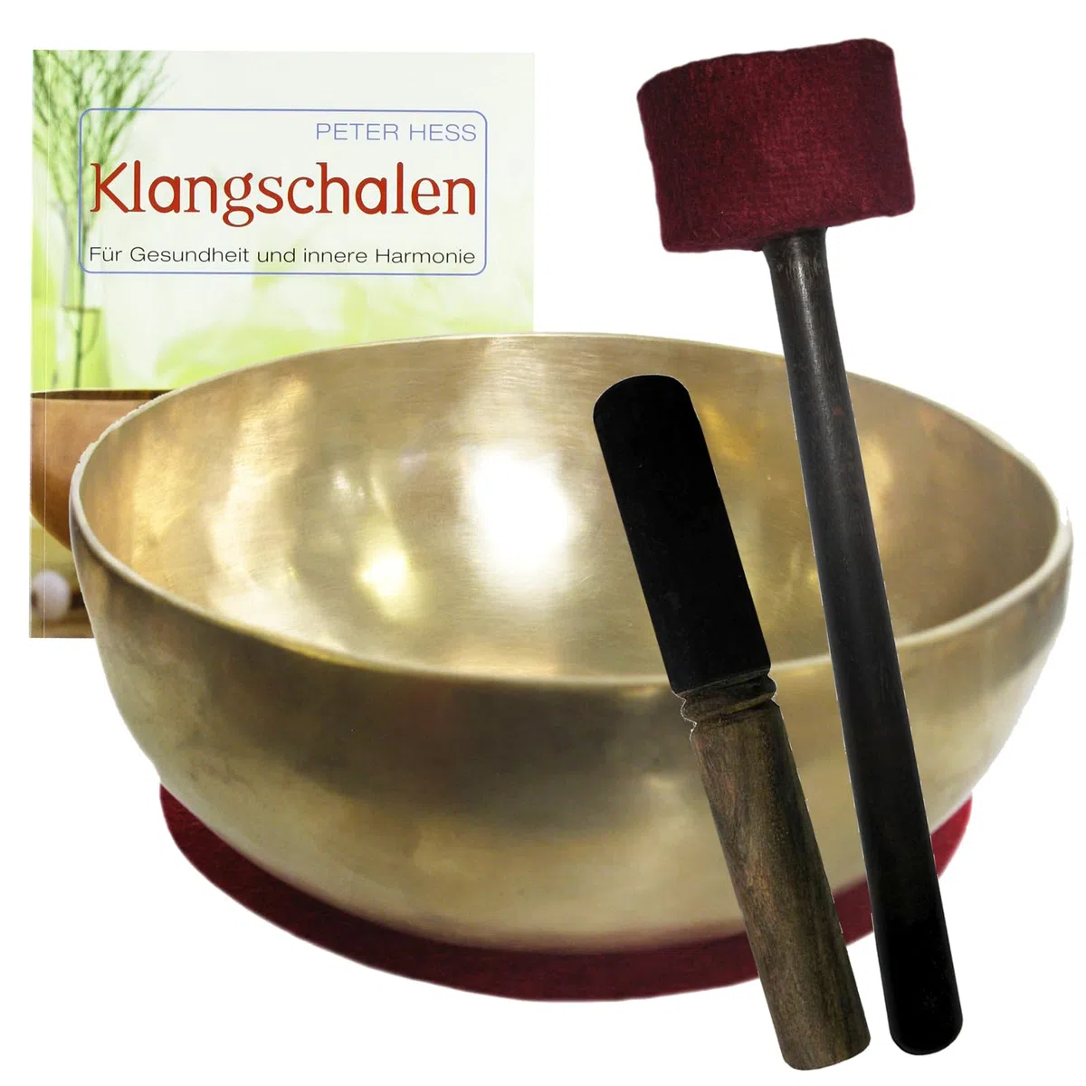 Klangschale GROSSE BECKENSCHALE Therapieklangschale 6-tlg Klangmassage Set + Peter Hess Klangschalen BUCH. Schale ca.1900g-2200g, ca. 25cm + Kissen 2x Holz-Leder-Filz-Klöppel. 70045