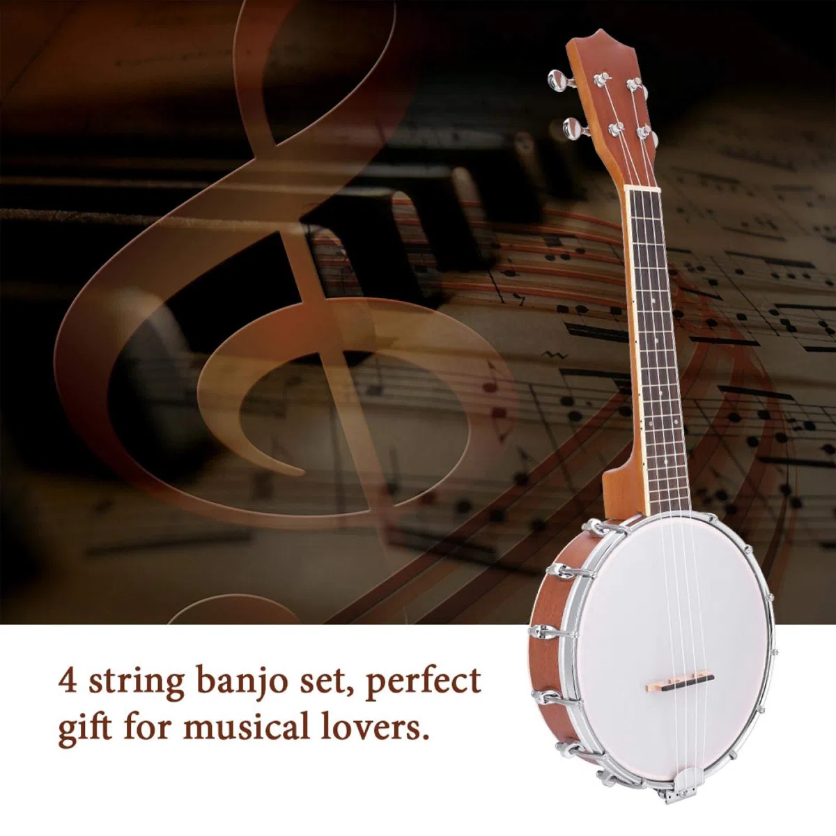 Musikinstrument-Banjo, 4-saitiges Banjo-Set mit BJ10-Saiten-Capo-Reinigungspolitur, Saiten-Banjo-Set