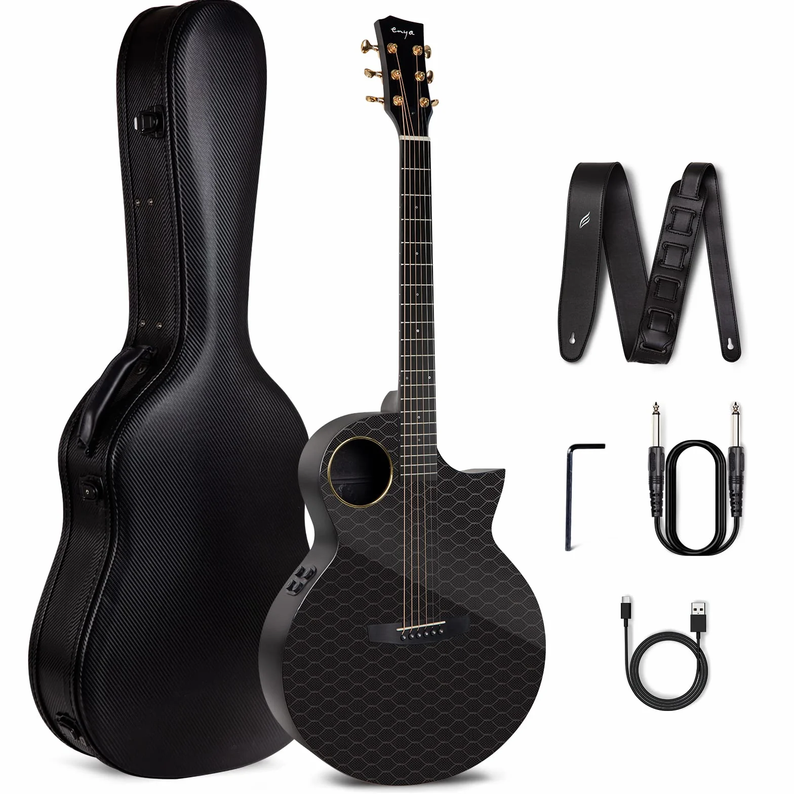 Enya Elektro-Akustische Gitarren 41" Set - X4 Pro Gitarren aus Kohlefaser Smarte Gitarre mit Integrierte Effekte/Lautsprecher/eingebautes Stimmgerät für Erwachsene（Cutaway/Schwarz）