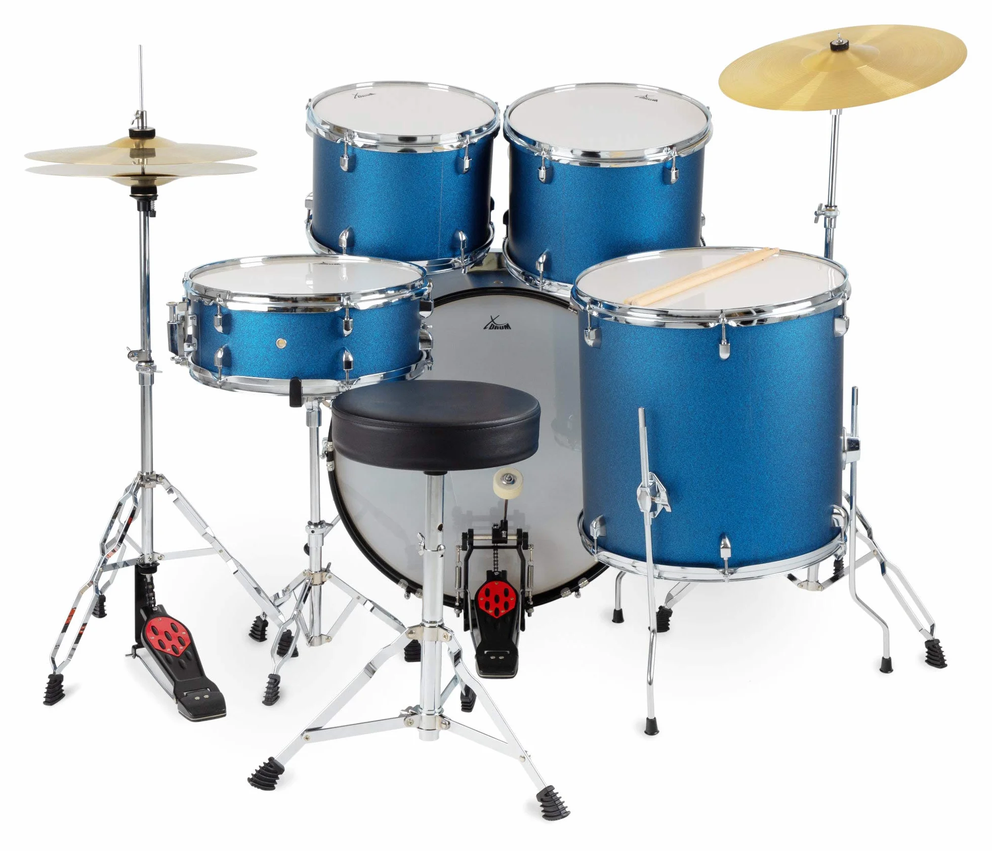 XDrum Semi 22" Standard Schlagzeug Satin Blue Sparkle - 22" BD, 12" TT, 13" TT, 16" FT, 14" SD - inkl. Schule - Blau