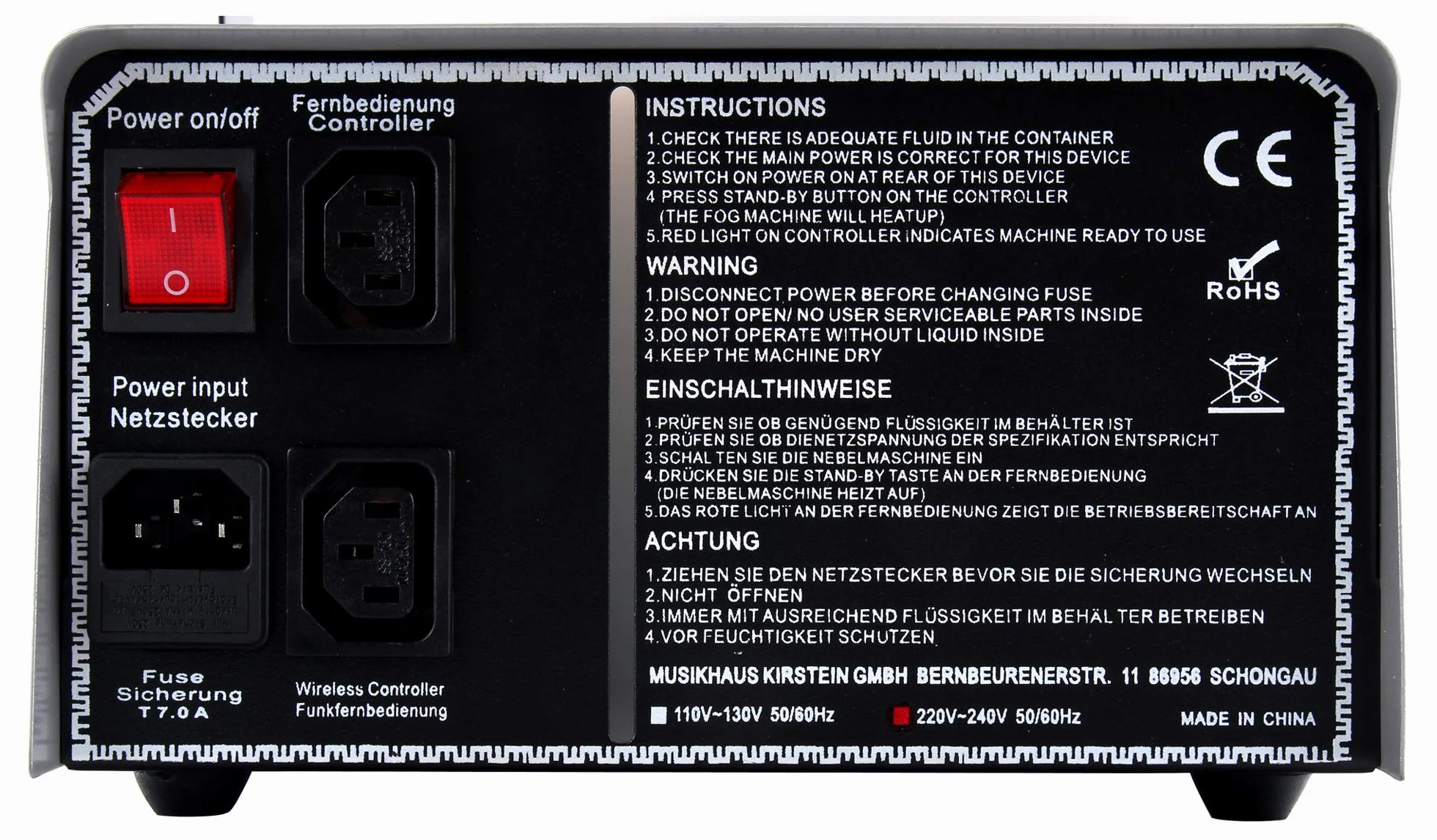 Showlite SN-1200 Nebelmaschine Set (1200 Watt, 350m³ Nebelausstoß/min, 7 Min. Aufwärmzeit, Kabel- und Funkfernbedienung, 5 L Nebelfluid)