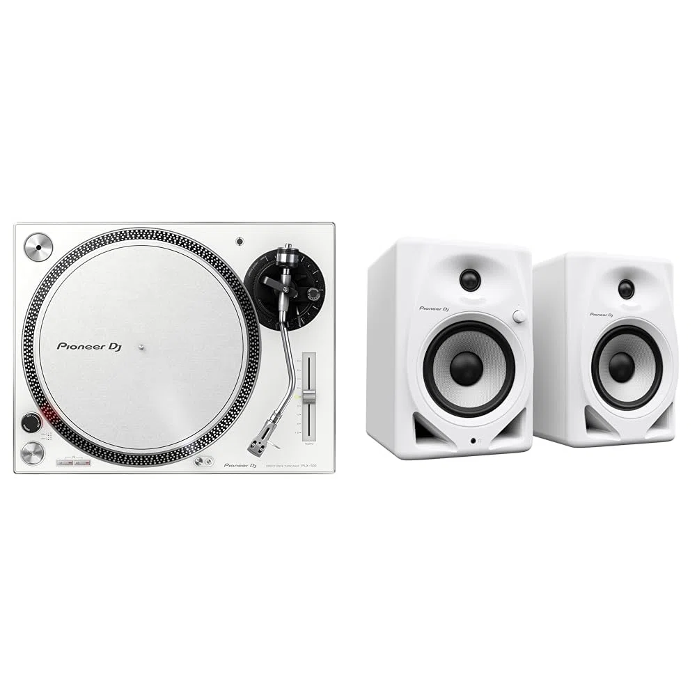 Pioneer DJ PLX-500-W DJ-Plattenspieler mit Direktantrieb, Weiß & DM-50D 5" Desktopmonitorsystem (weiß) DM-50D-W On Size