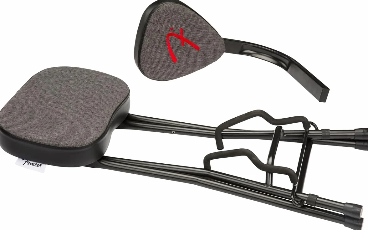 Fender 351 Sitz- und Gitarrenständer-Kombination, Zusammenklappbares Design, Abnehmbare Rückenlehne, Grauer Tweed-Stoff, rutschfeste Füße