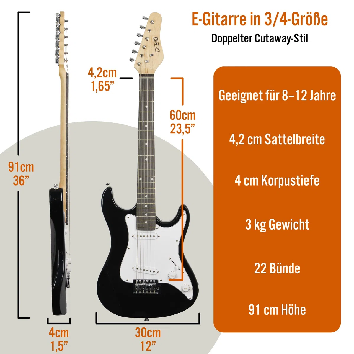 3rd Avenue XF 3/4 Size E-Gitarre Ultimate Kit Mit 10-W-Verstärker, Digitalem Stimmgerät, Kabel, Ständer, Gigbag, Gurt, Ersatzsaiten, Plektren, Kapodaster - Schwarz