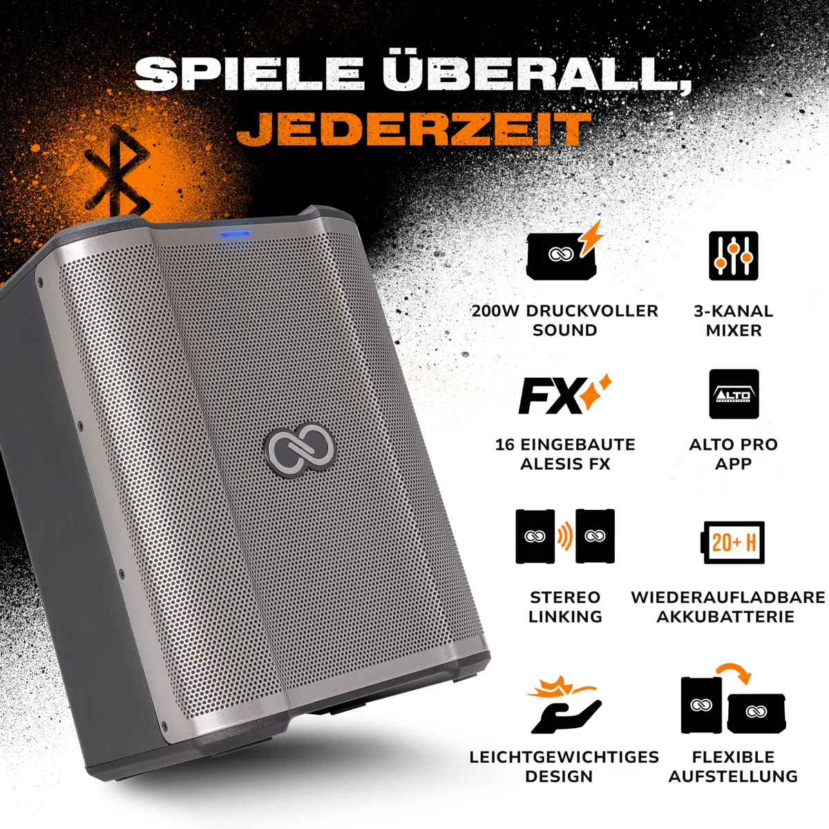 SHEERAN Special Edition Busker - 200W tragbarer PA-Lautsprecher mit Akkubatterie, Bluetooth, 3-Kanal Mixer, Alesis FX, App, USB-Aufladung