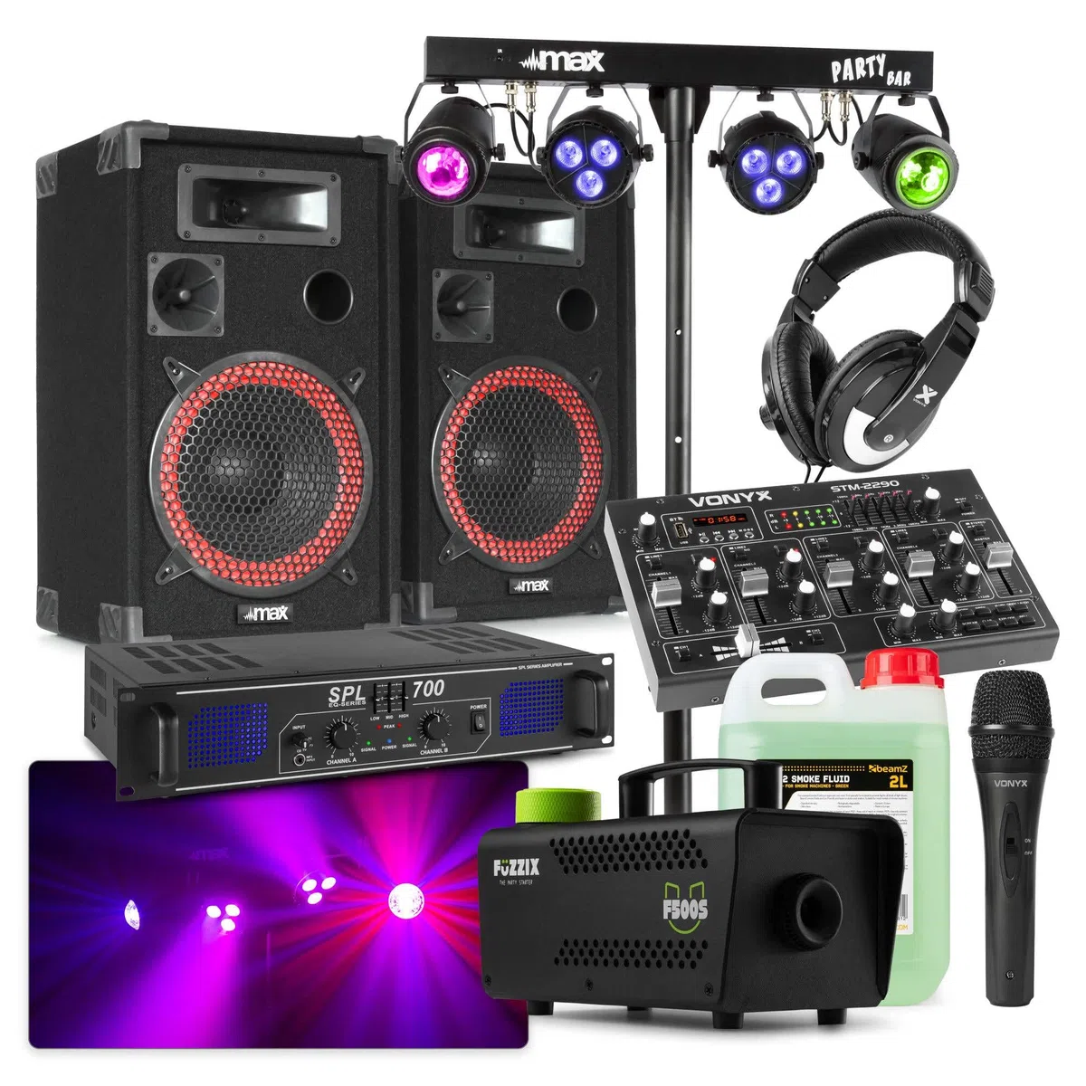 MAX DJ Komplettanlage 700W Verstärker 2 Lautsprecher Bluetooth Mixer Lichtanlage Nebelmaschine DJ Set