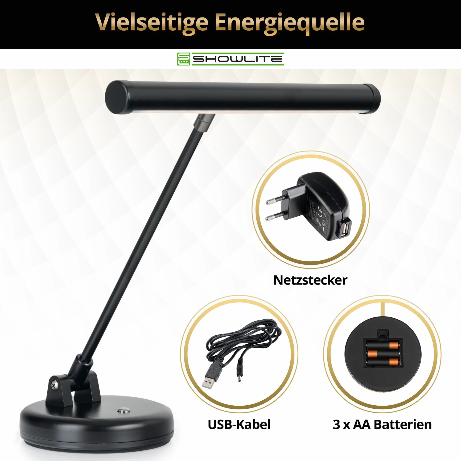 Showlite PL-1-BK-KW LED Klavierleuchte - Klavierlampe 15 LEDs warmweiß 2 Stufen 36 cm USB Netzstrom Batterie schwarz