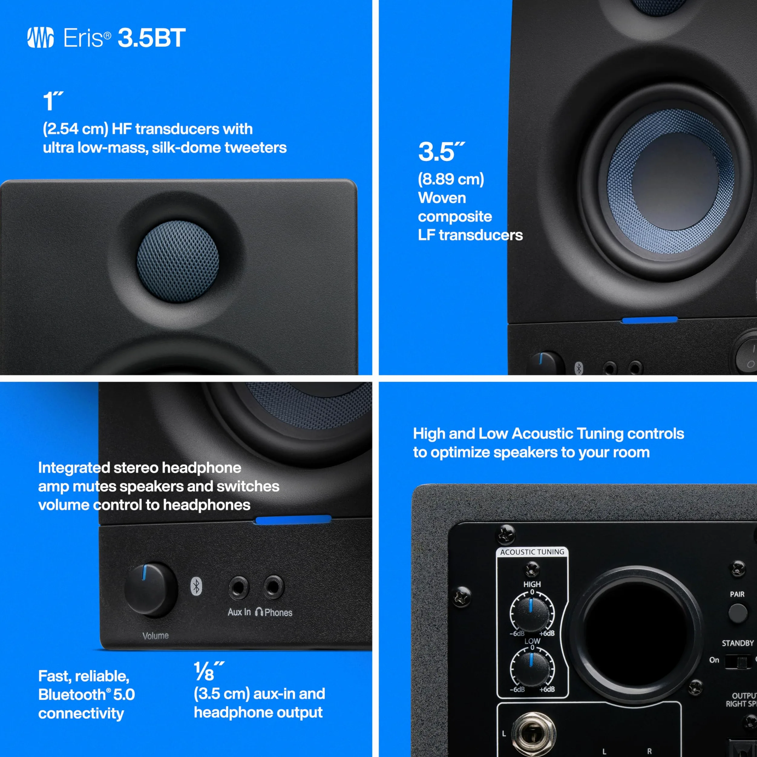 PreSonus Eris 3.5BT Gen 2, 3,5" Studiomonitore - Aktivlautsprecher für Multimedia, Gaming, hochwertige Studio-Musikproduktion mit Bluetooth, 50 W Leistung, Schwarz