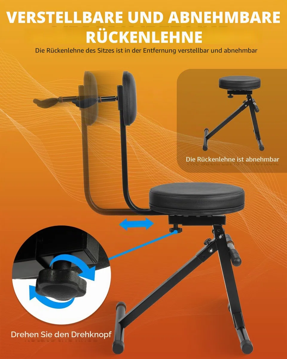 STRICH Gitarrenhocker mit Rückenlehne, höhenverstellbarer Gitarrensitz mit Aufhänger für Akustik, Bassgitarren, Gitarren & Bass Zubehör, SGT-30B